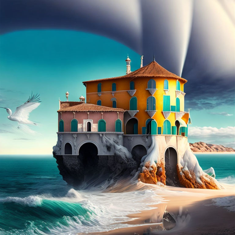 Orange Villa on Coastal Cliff with Arches and Waves Crashing