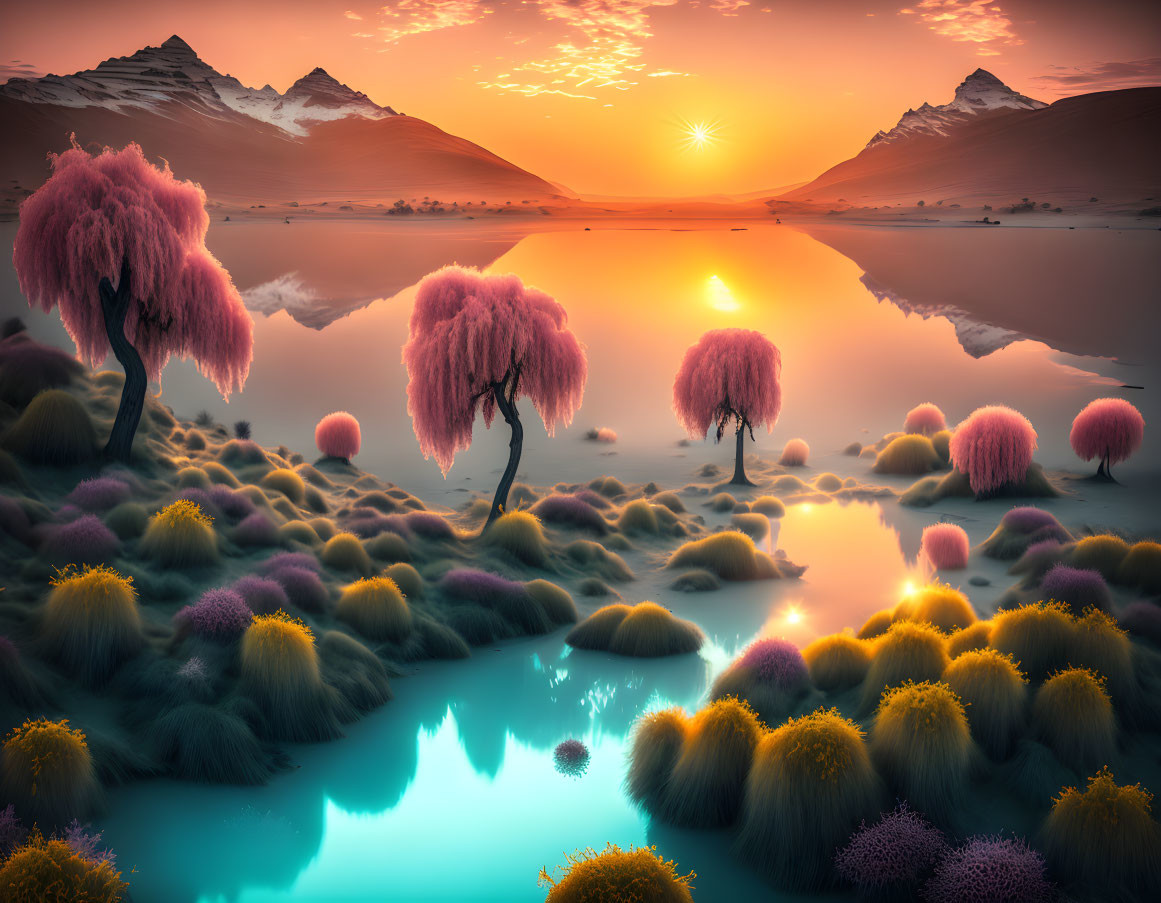 Surreal landscape with pink trees, lake, and mountains