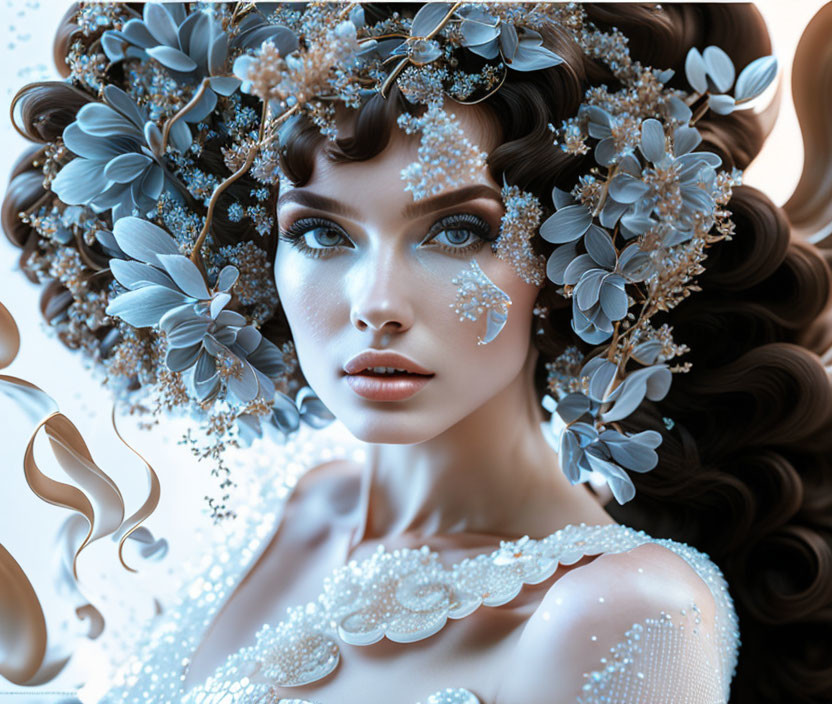 Woman in Floral Headdress with Blue Butterflies and Sparkling Makeup