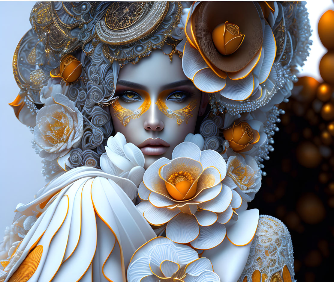 Intricate golden and white floral digital art portrait of a woman