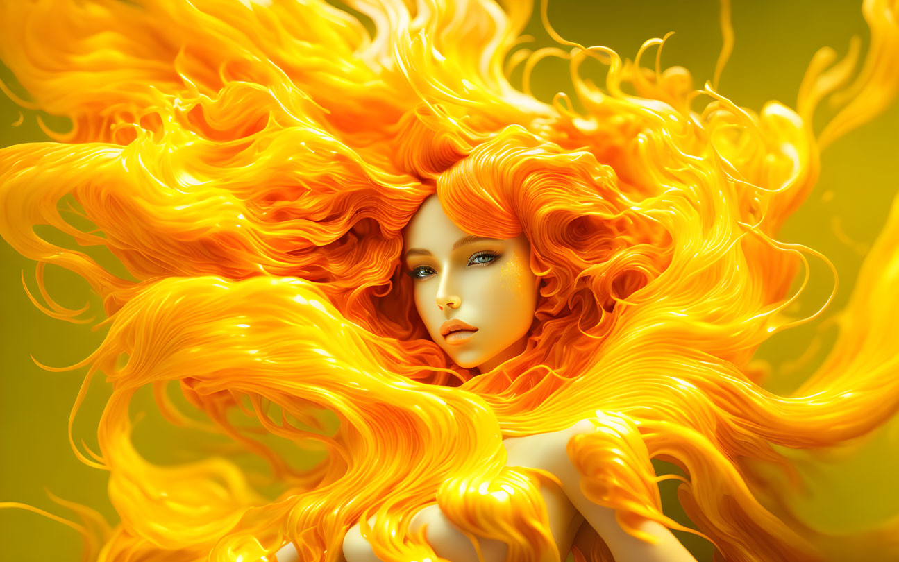 Vibrant image: woman with fiery orange hair on yellow background