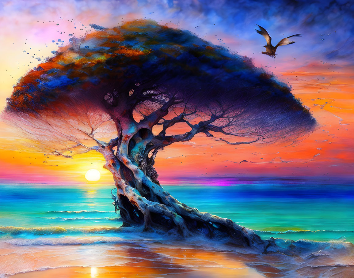 Colorful Fantastical Tree Artwork with Sunset Sky and Ocean Scene