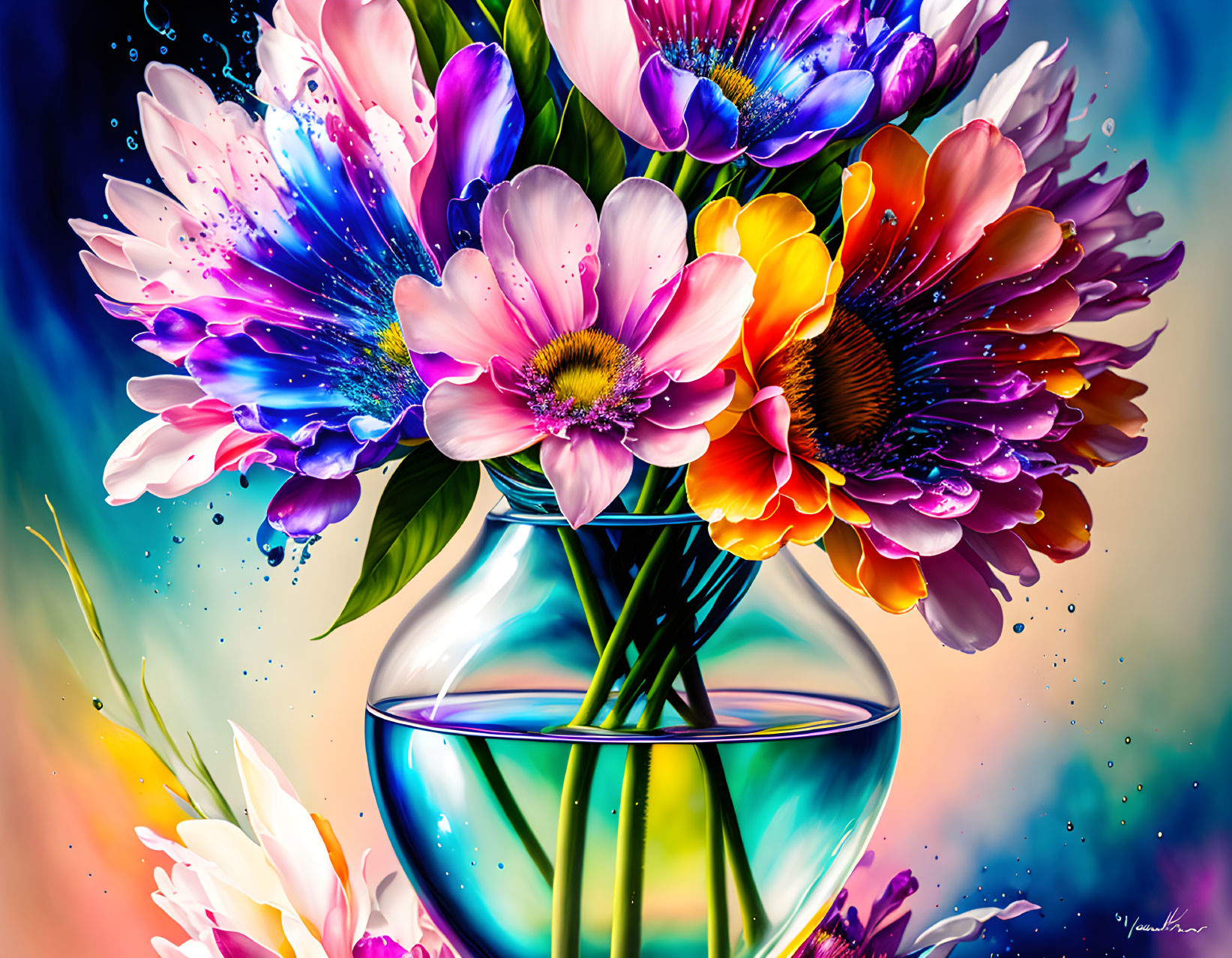 Colorful digital artwork: Bouquet in glass vase on vibrant backdrop