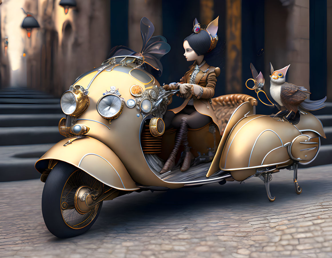 Steampunk-style cat character on scooter with mechanical bird in cobbled alleyway