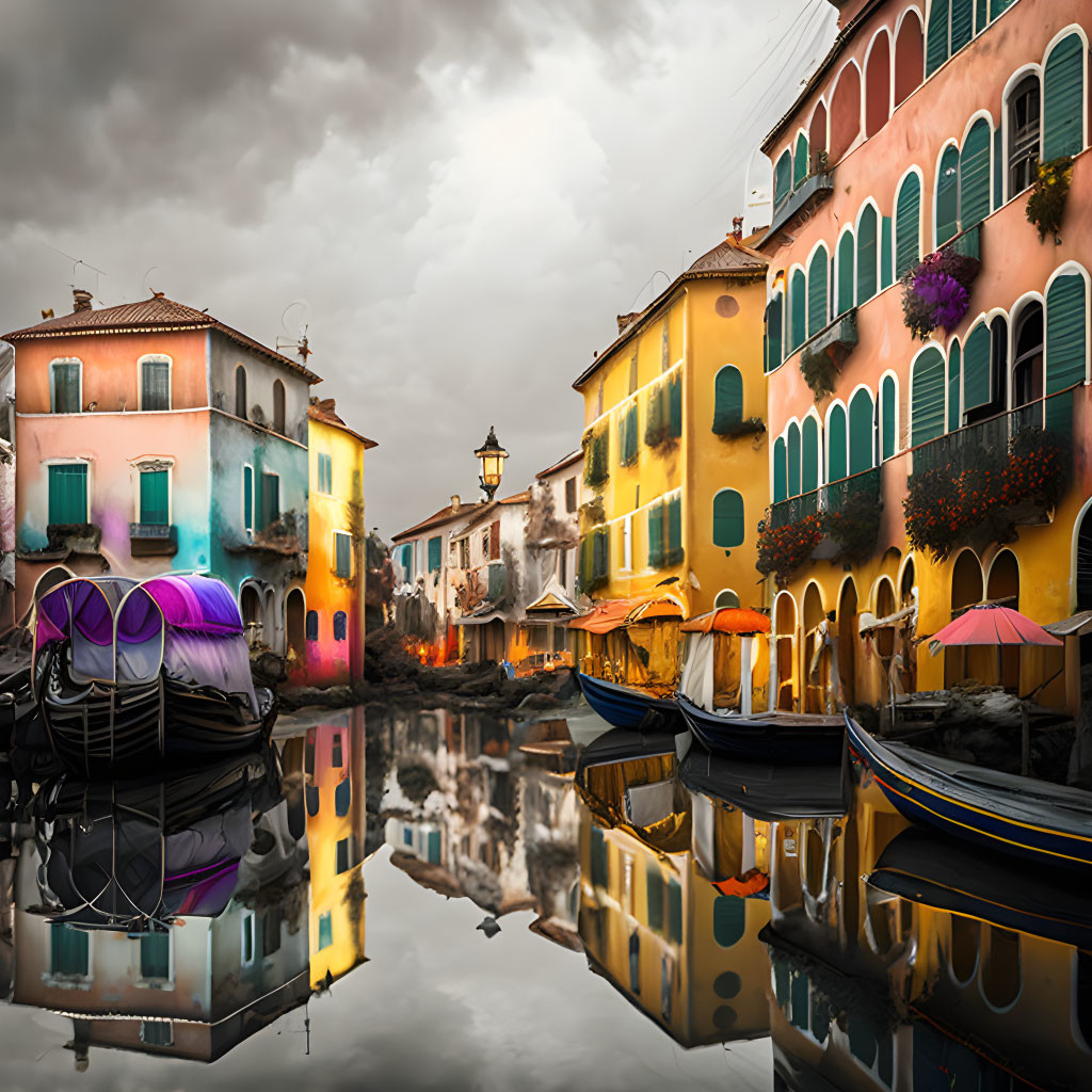 Vibrant canal-side buildings with gondolas under dramatic sky