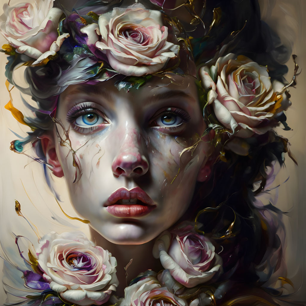 Detailed digital art portrait of a girl with rose floral crown and dreamy blue eyes.