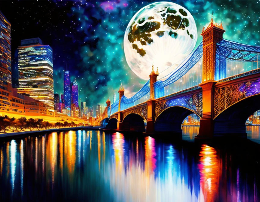 Vibrant night cityscape with oversized moon and bridge reflections