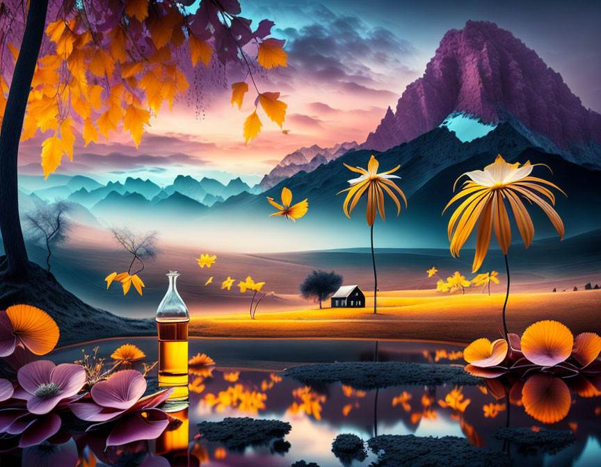 Vibrant flowers, reflective lake, serene hut, mountains, oversized leaves, butterflies