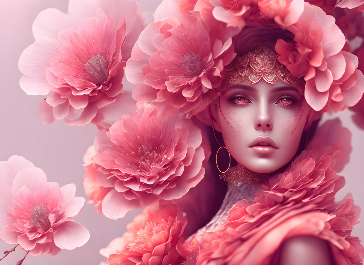 Fantasy woman portrait with floral elements and gold headpiece in pink blossom backdrop.