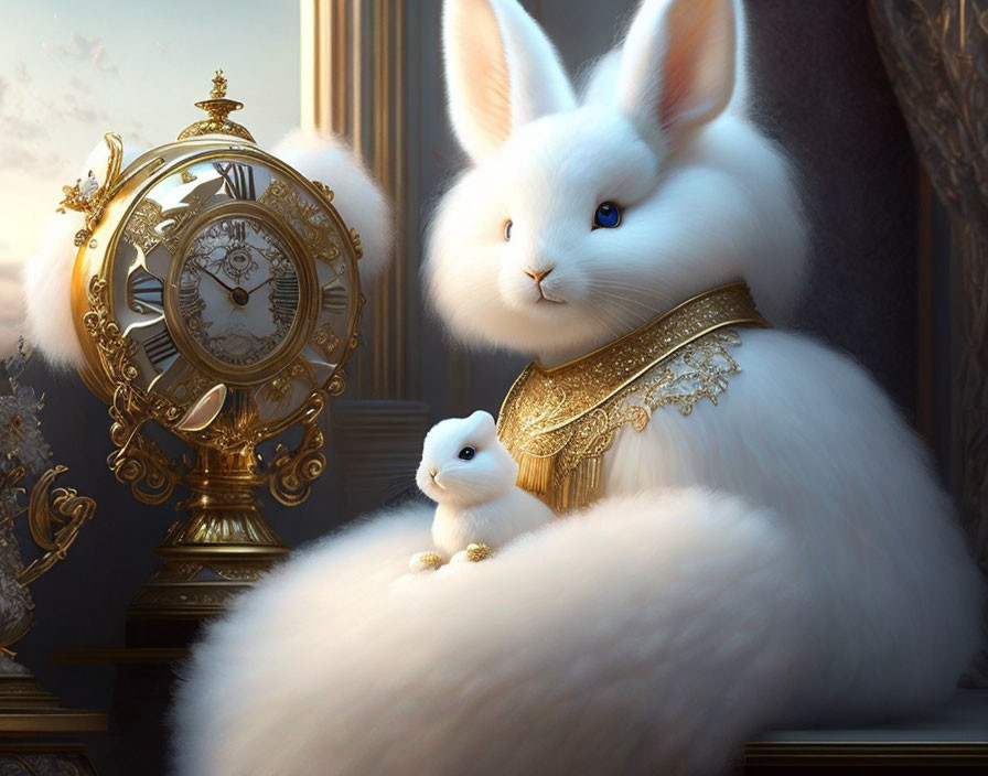 Digital Art: Ornate White Rabbits with Golden Clock in Luxurious Setting