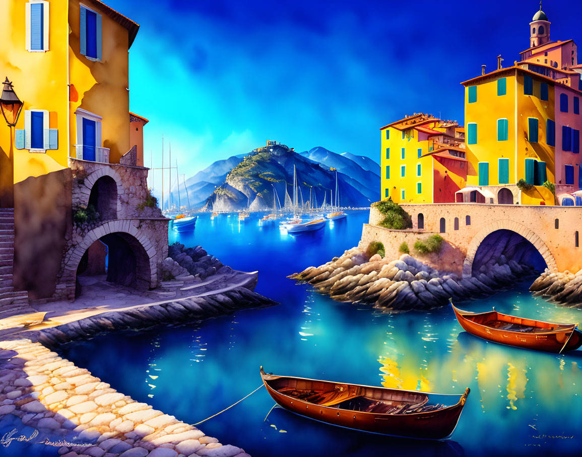 Colorful Coastal Italian Village with Arched Bridges & Boats