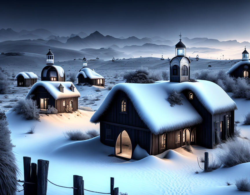 Winter village scene with traditional houses, church, and mountains under twilight sky