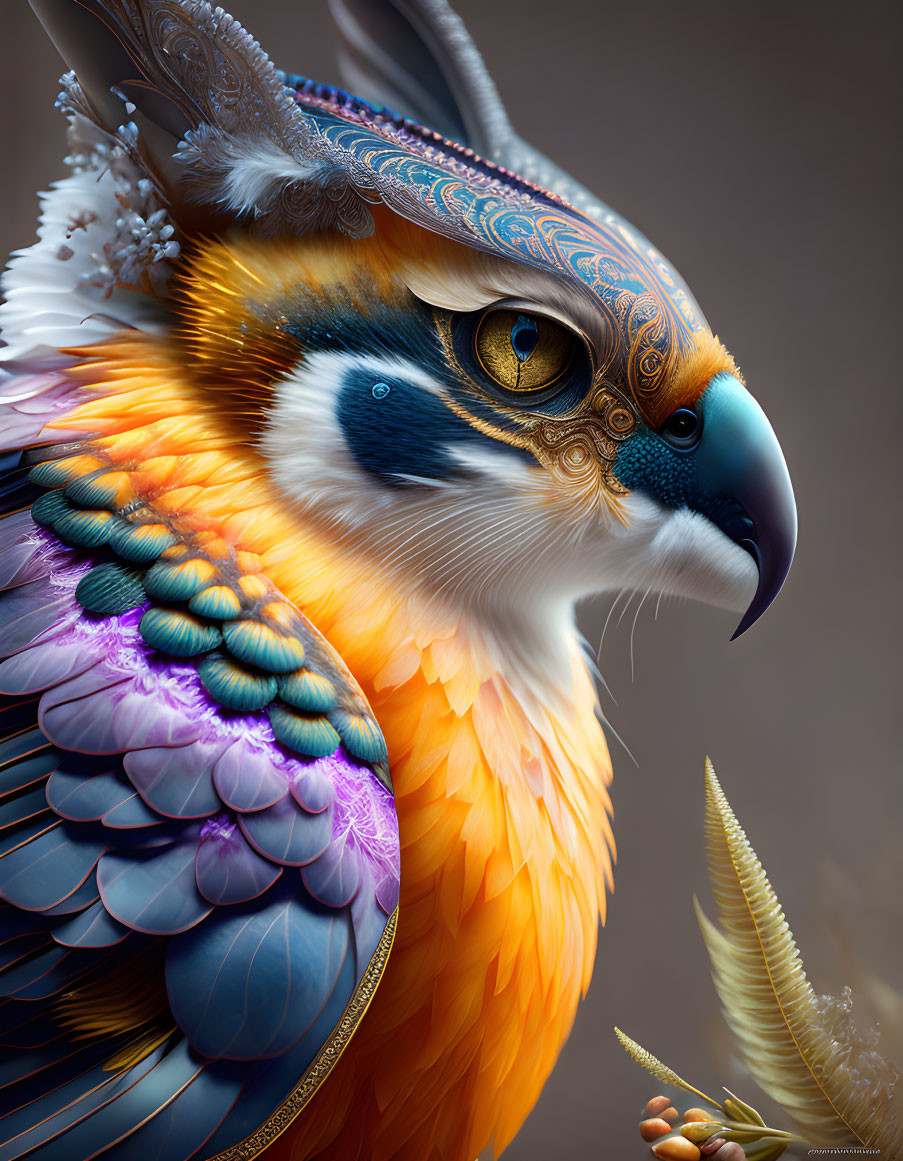 Colorful digital artwork: Fantastical owl creature with intricate patterns & vibrant feathers