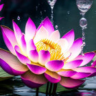 Pink Lotus Flower with Water Droplets and Bubbles on Black Background