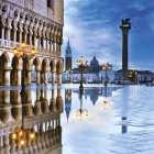 Historic Venetian landscape: architecture, boats, reflections, cloudy sky