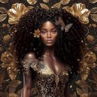 Digital Artwork: Woman with Gold Adornments and Butterflies in Curly Hair