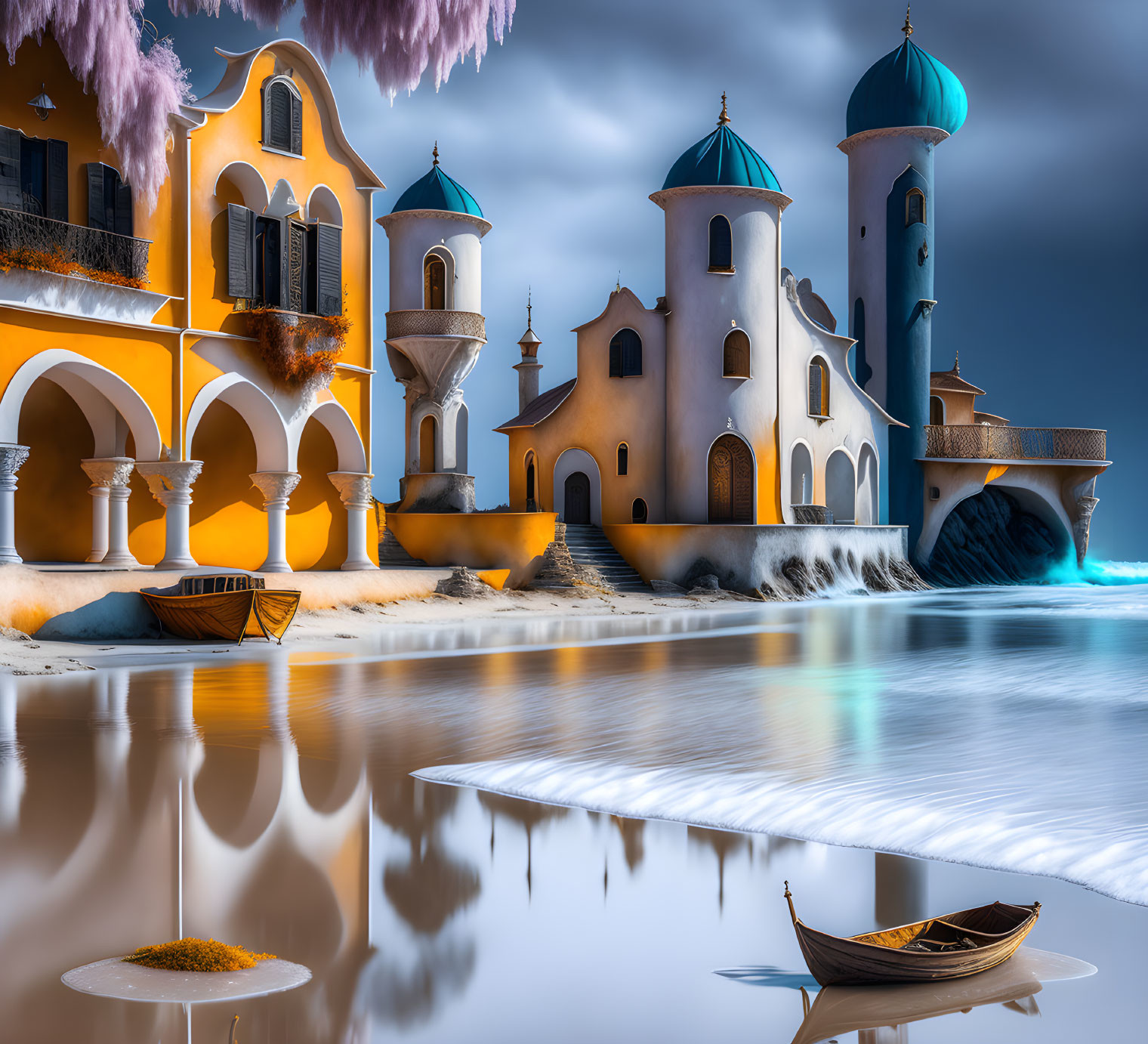 Colorful European-style buildings by calm waters with boats under cloudy sky