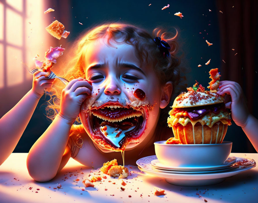 Digital artwork: Toddler with oversized mouth eating huge cupcake, crying.