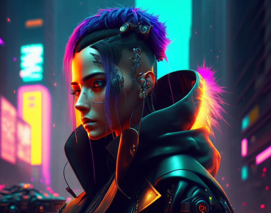 Futuristic cyberpunk portrait with mohawk hairstyle and neon city backdrop