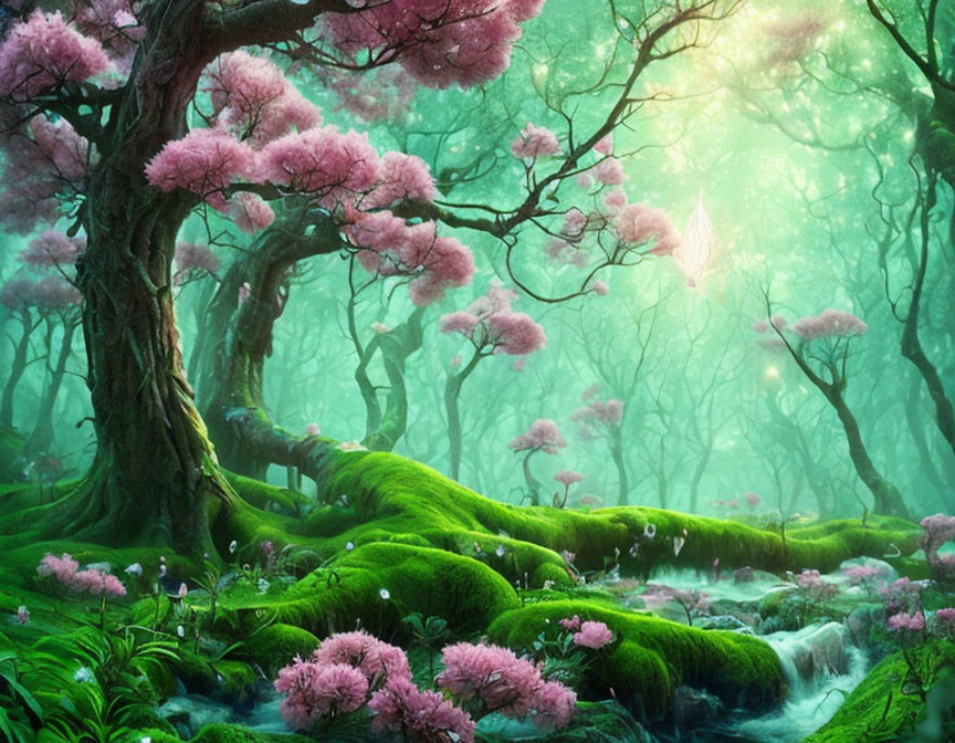 Vibrant green moss, pink flowering trees, gentle brook in enchanting forest