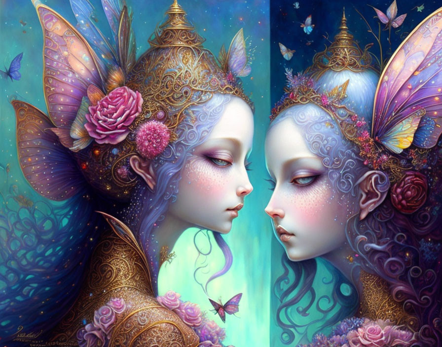 Ethereal fantasy figures with ornate wings and headdresses in magical encounter