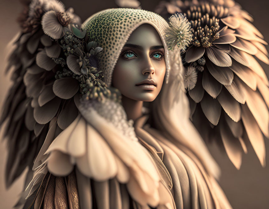 Digital portrait of woman with angelic feathered wings and floral headdress.