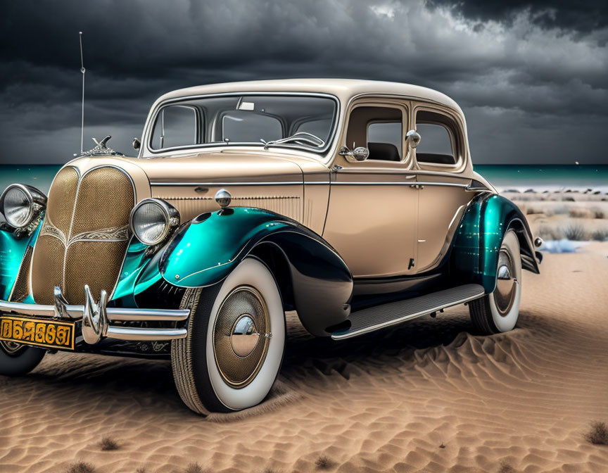 Classic Two-Tone Sedan Parked in Sandy Terrain During Stormy Sky