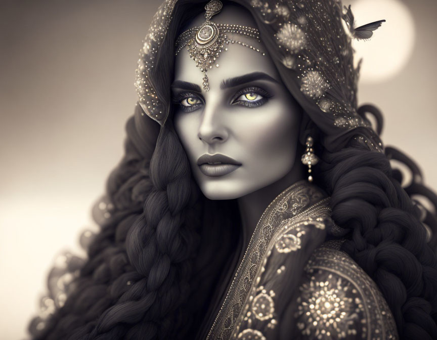 Monochromatic image of woman with elaborate jewelry and dramatic eye makeup