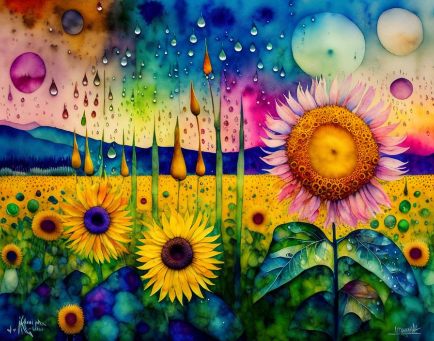 Colorful Watercolor Painting of Sunflowers Under Fantasy Sky