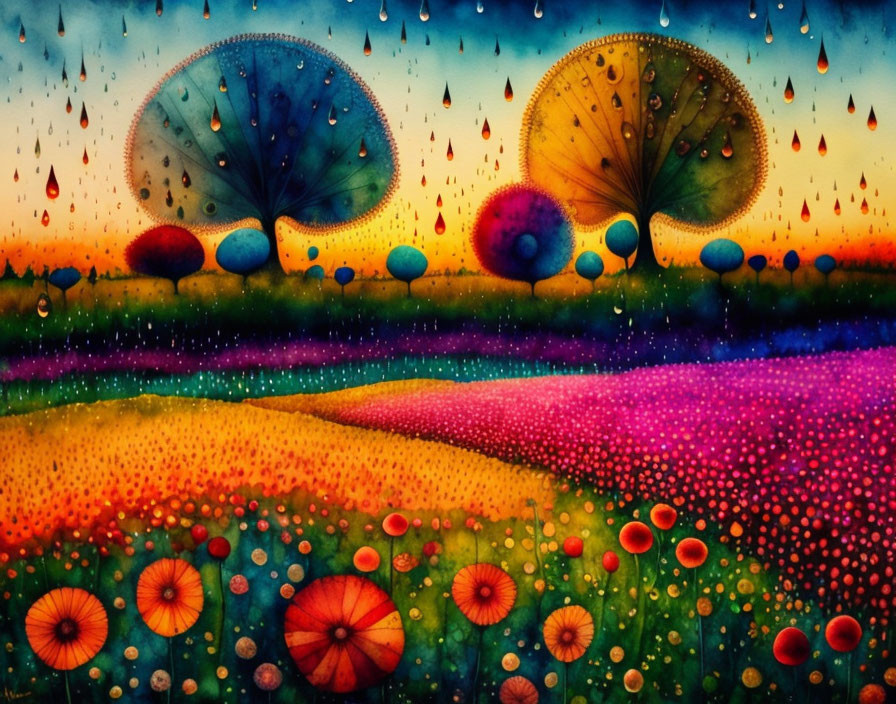 Colorful painting of whimsical landscape with droplet-filled sky