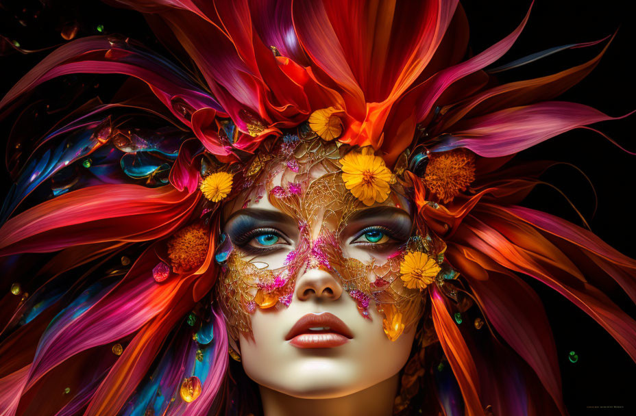 Vibrant multicolored hair and floral makeup create artistic aura
