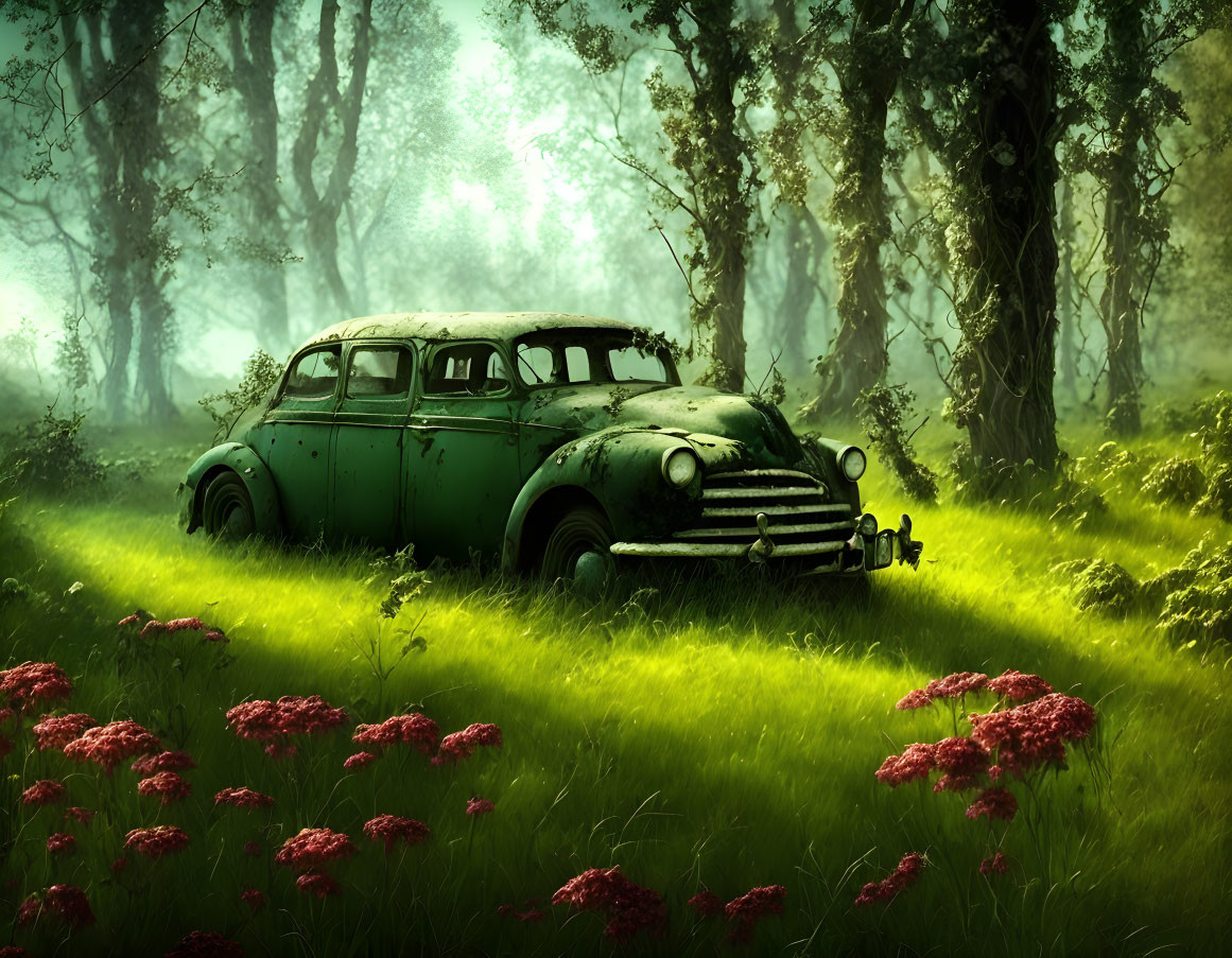 Vintage Car Overgrown with Plants in Lush Forest Setting