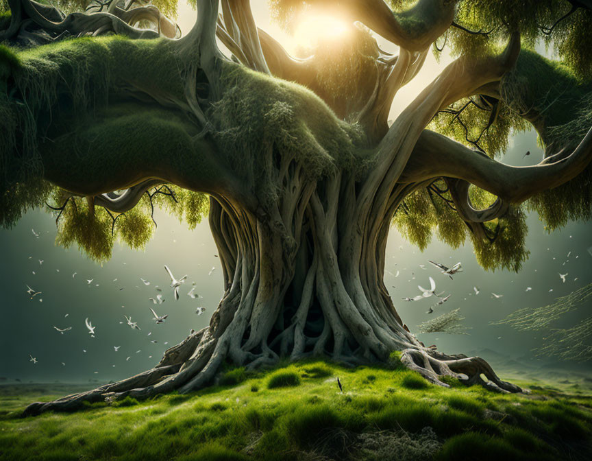 Majestic ancient tree with sprawling roots and lush canopy in mystical green landscape