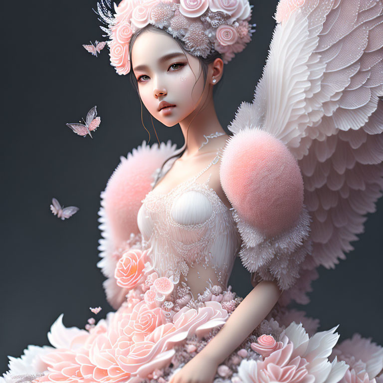 Digital artwork: Angelic figure with white wings and floral crown, surrounded by butterflies