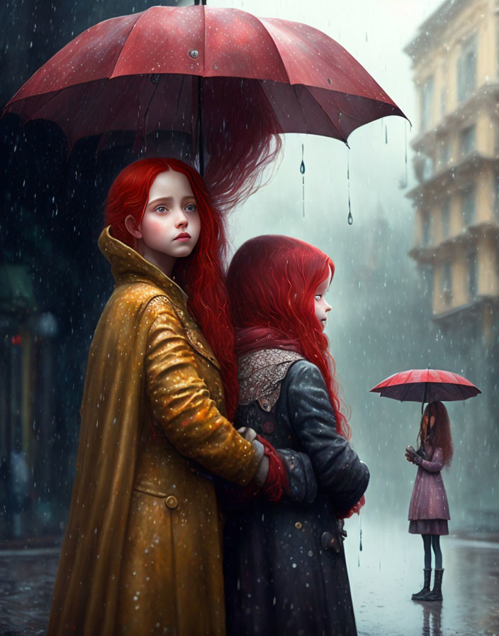 Red-haired individuals under large umbrella observe child with small umbrella on rainy cobblestone street