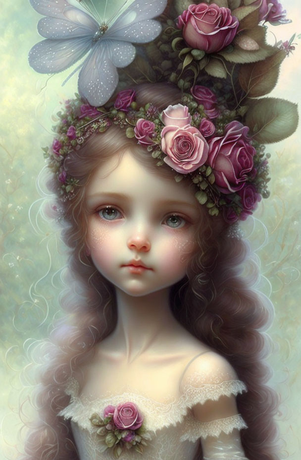 Portrait of young girl with expressive eyes, floral headpiece, roses, butterfly, dreamy background