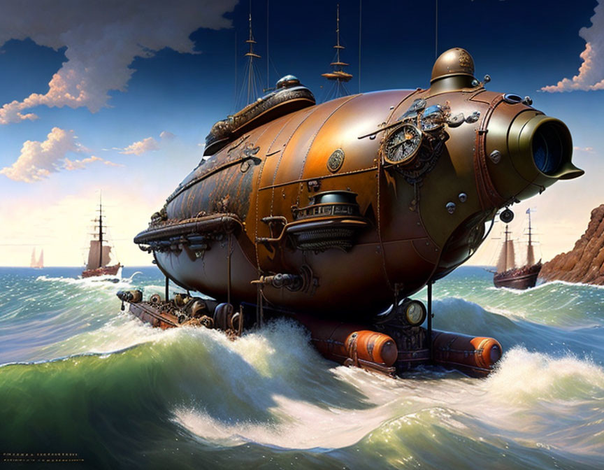 Steampunk-style submarine emerges from ocean waves with sailing ships in the background