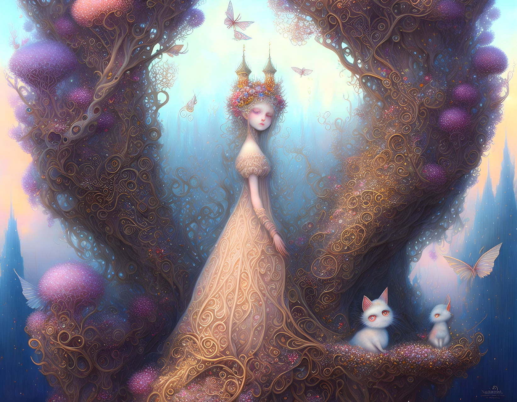 Mystical forest scene with ethereal woman and whimsical trees