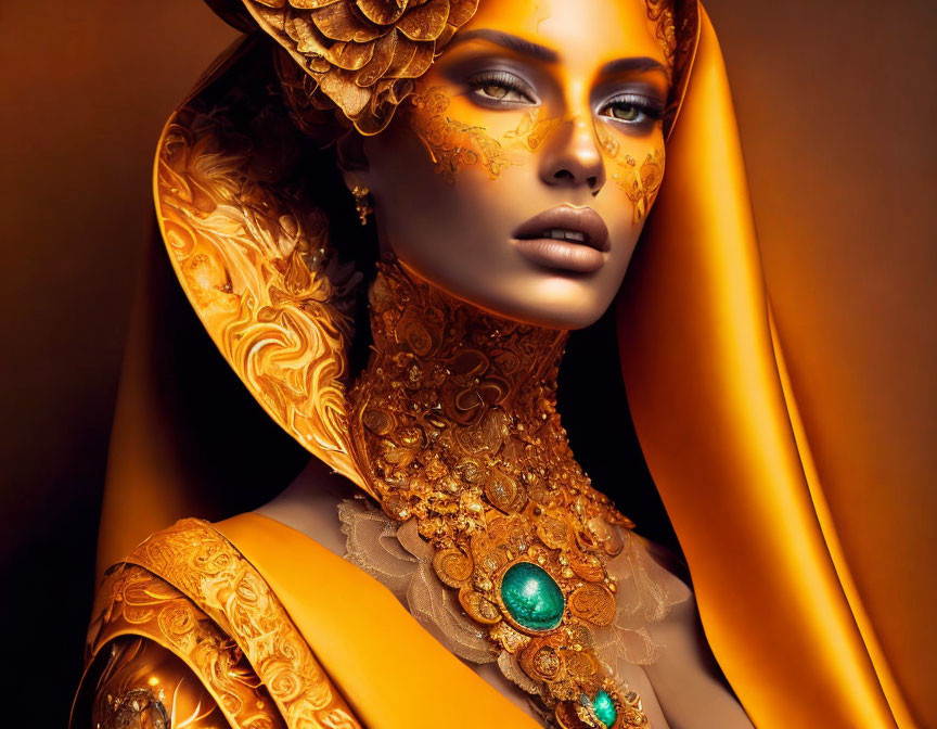 Ornate golden headpiece and attire with emerald accents