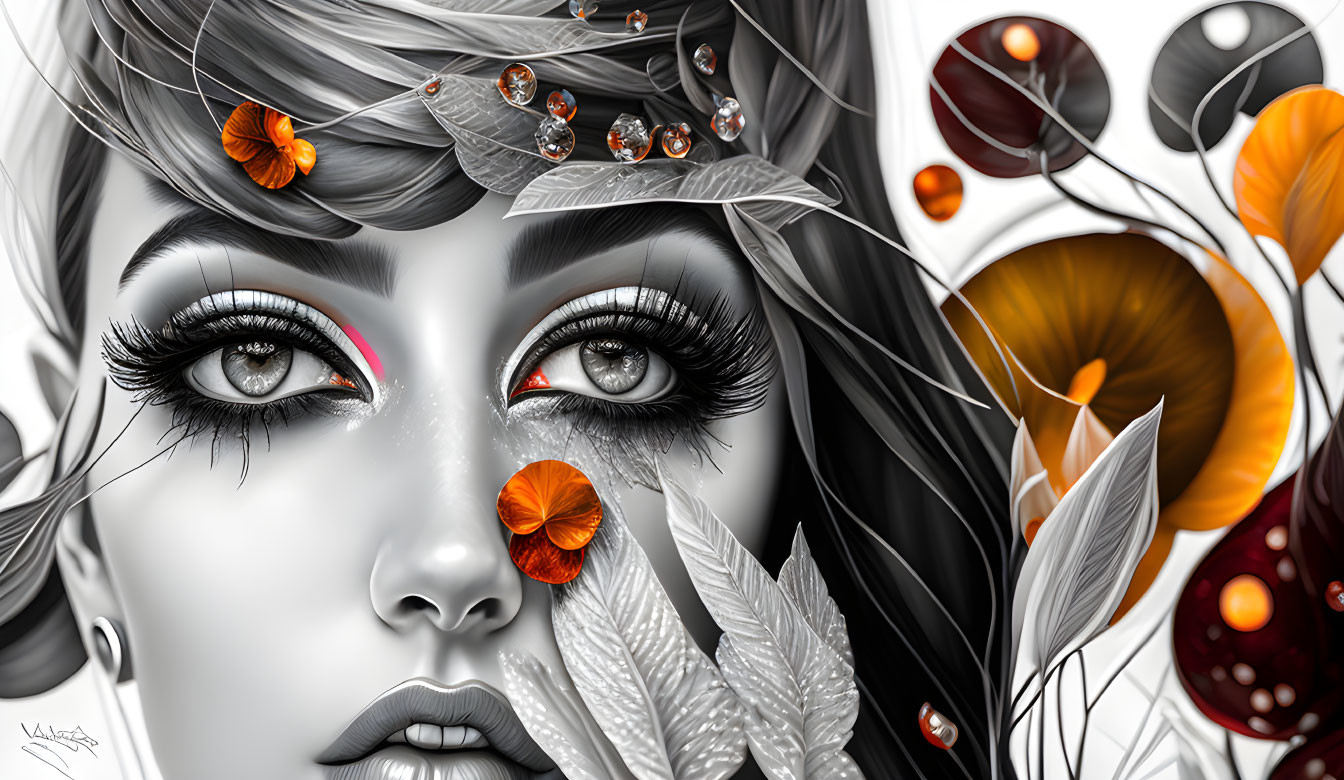 Monochromatic woman's face with red accents and foliage in grayscale