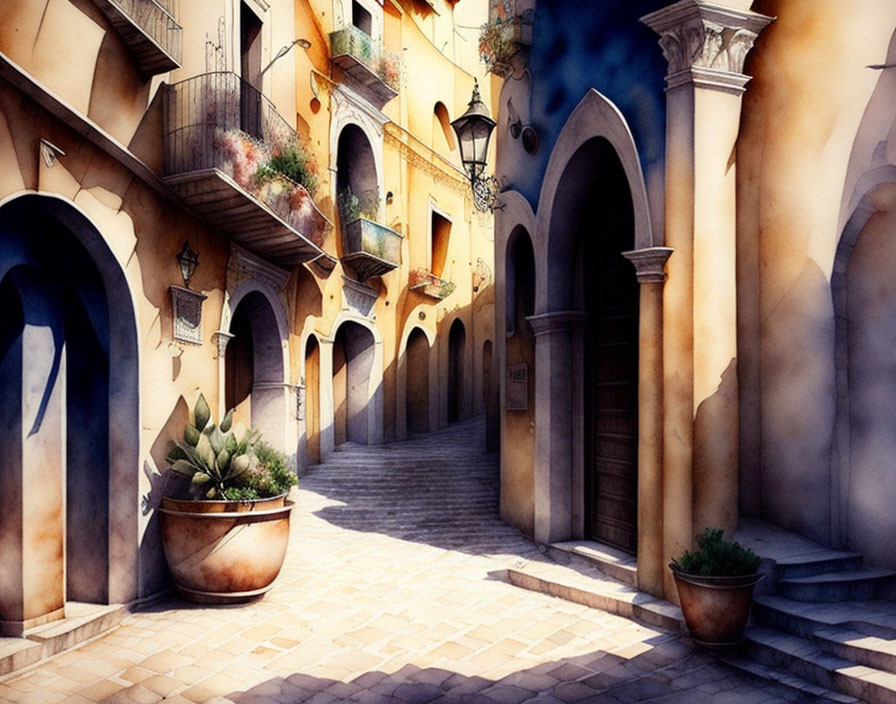 European alley watercolor painting with arched doorways and cobblestone path