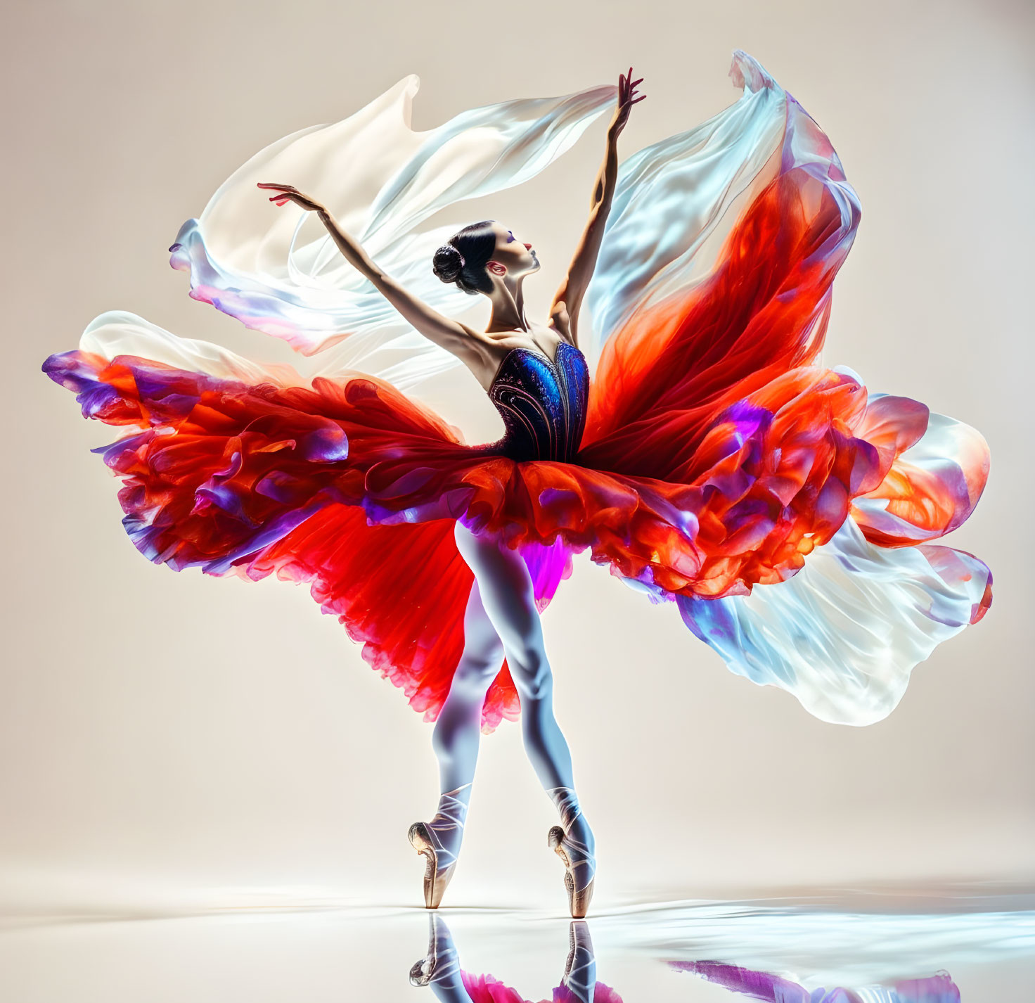 Ballet dancer in pointe shoes with swirling multicolored skirt