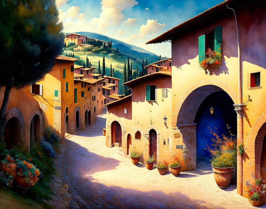 Colorful Italian Village Street Painting with Cobblestones and Archways