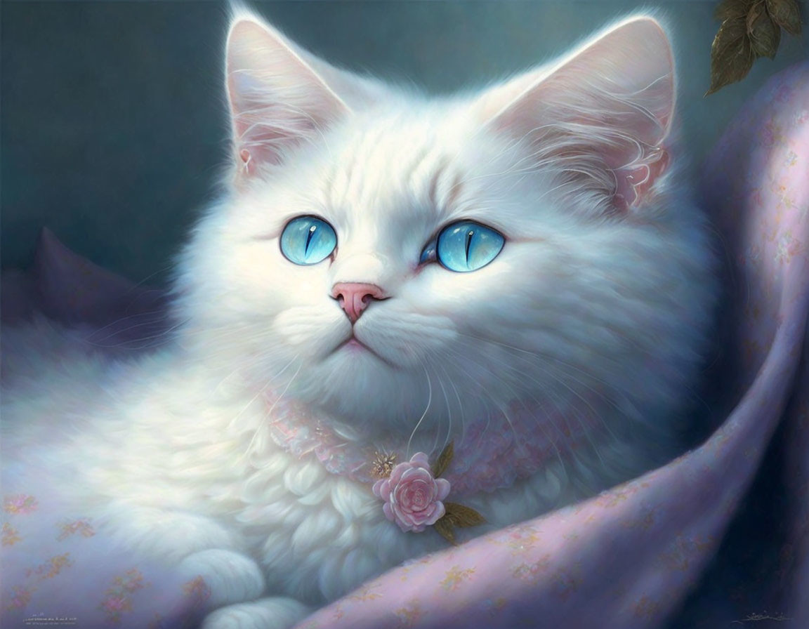 Fluffy White Cat with Blue Eyes and Pink Collar on Soft Fabric