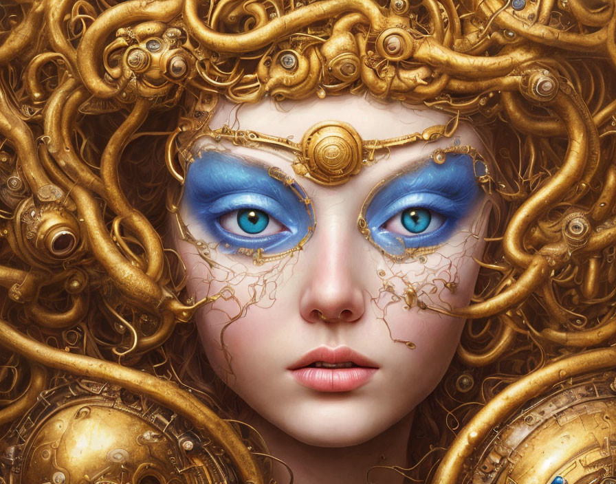 Fantasy portrait of a woman with blue eyes, golden headpiece, jewelry, and mechanical hair details