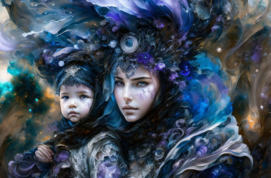 Cosmic and Floral-themed Woman and Child Portrait with Blue and Purple Hues