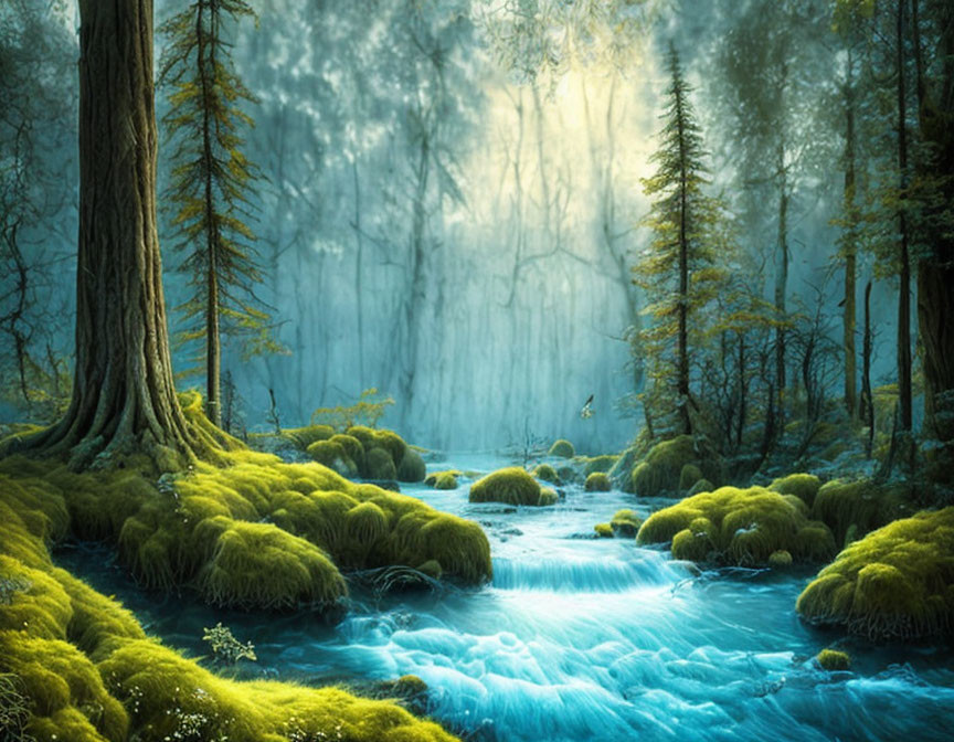 Tranquil forest scene with blue stream, moss-covered rocks, tall trees, and soft sunlight