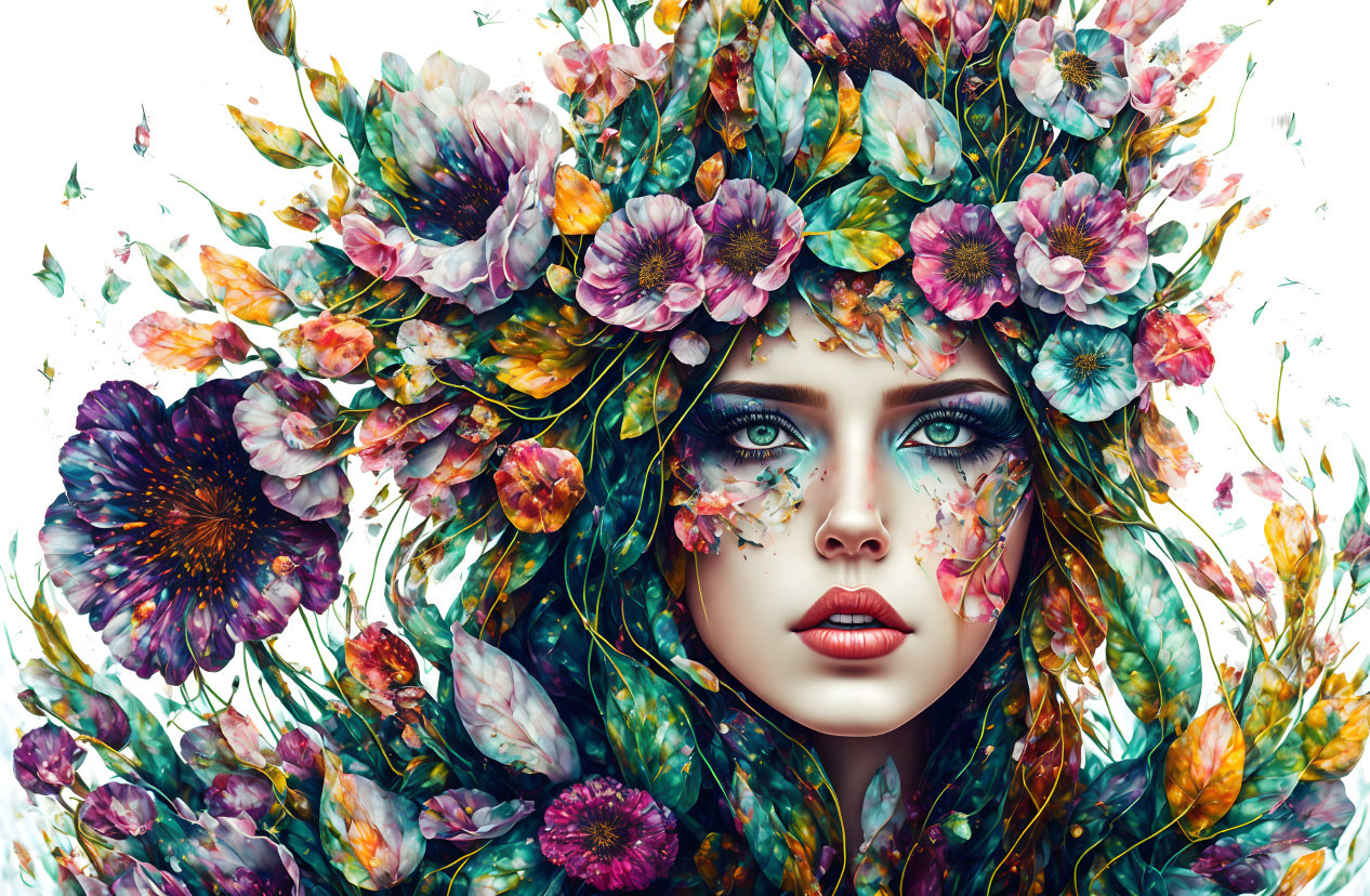 Fantasy-themed illustration of woman with vibrant floral elements in hair.