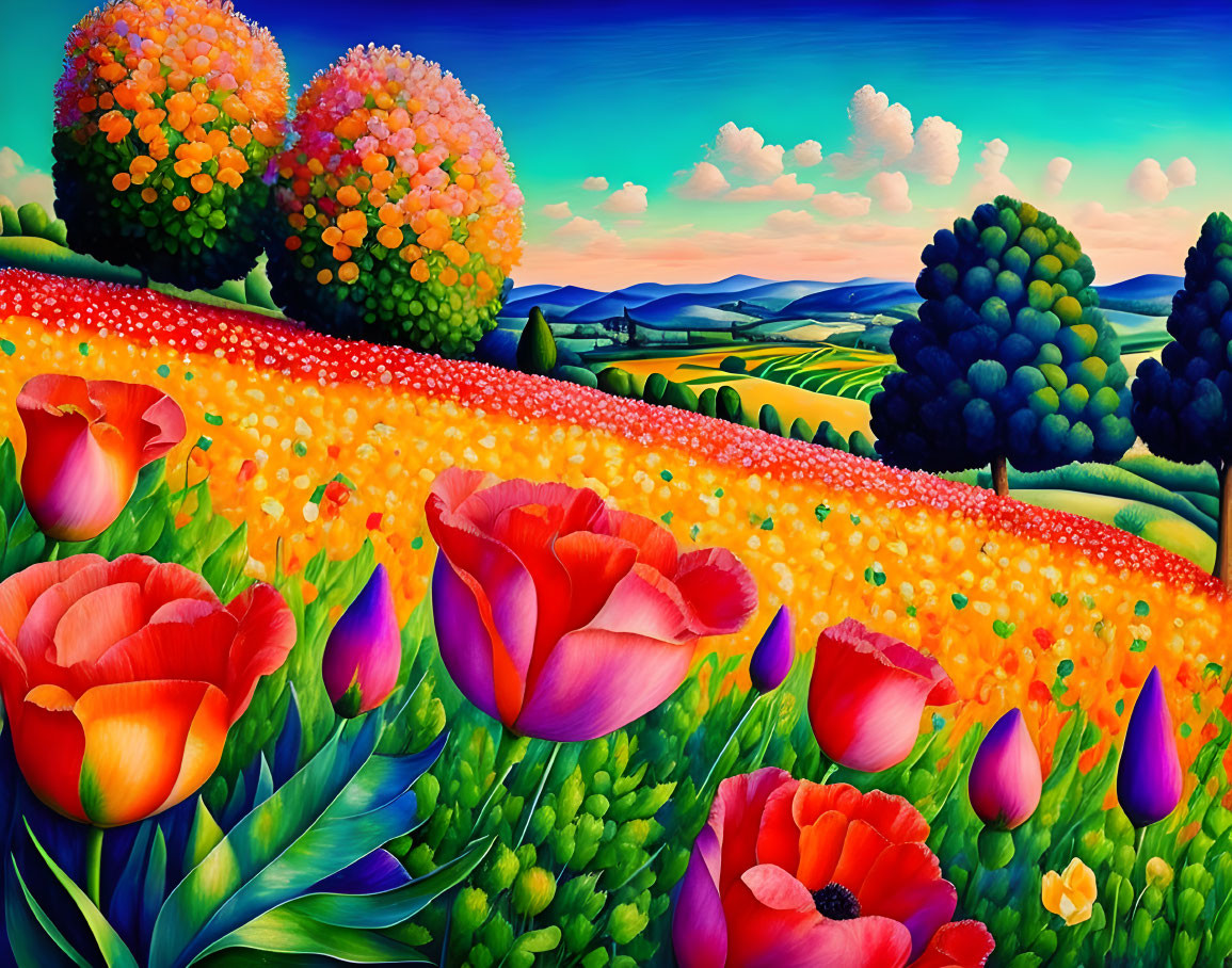 Colorful landscape painting: bright tulips, rolling hills, blue sky