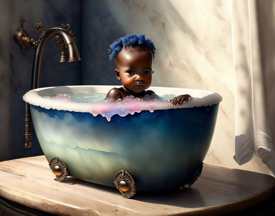 Blue-Haired Baby in Ornate Bathtub with Bubbly Water and Marbled Backdrop